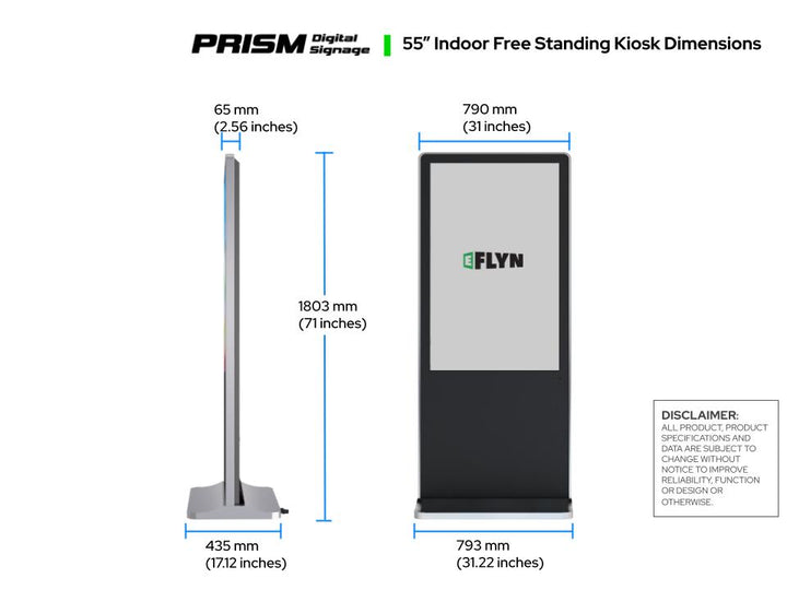 Freestanding Indoor Touch Screen Digital Signage size dimensions in mm and inches