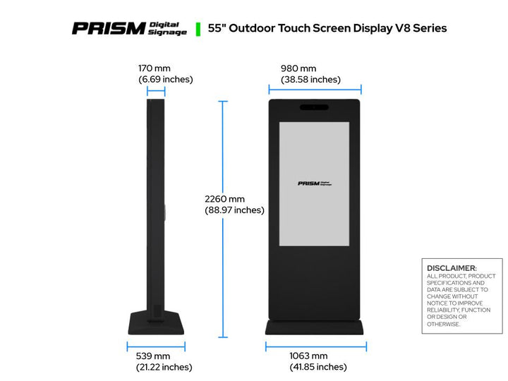 Size spec 55" Outdoor Touch Screen Display V8 Series	 55" Outdoor Touch Screen Display V8 Series