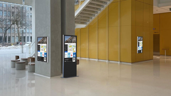 indoor floor standing kiosk and wallmount display at court house